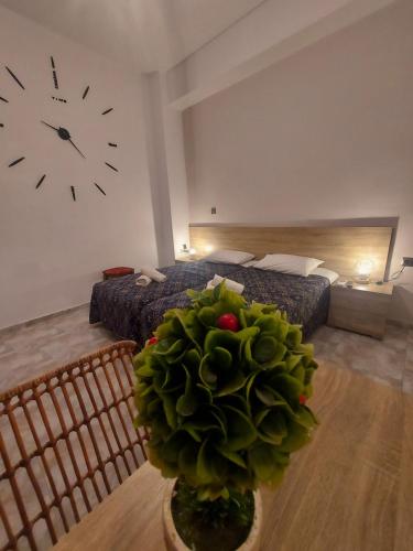 una gran planta verde en una habitación con un reloj en la pared en Diana, en Ermoupoli
