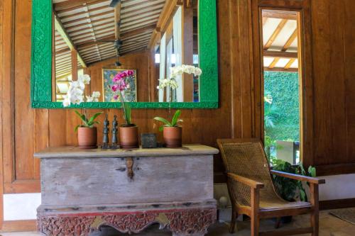 a room with a mirror and a table with plants at Chanteak Bali - Teak House 3 in Jimbaran