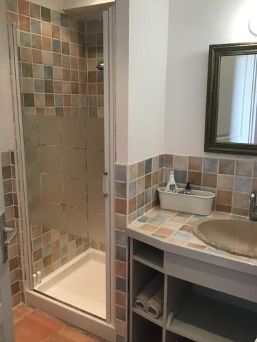 een badkamer met een douche en een wastafel bij Mas de Bruget in Catus