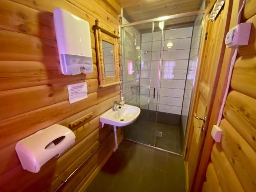 un bagno con lavandino, WC e specchio di Hakkesetstølen Fjellstugu a Geilo