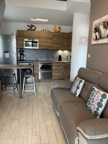 un salon avec un canapé et une cuisine dans l'établissement Le cocon de la Garrigue, au Cap d'Agde