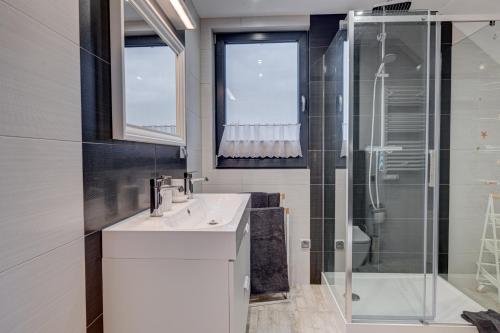 a bathroom with a sink and a shower at Dom Wakacyjny Baltic Home & Dom Baltic Home Garden Inn in Zastań