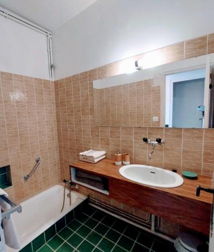 une salle de bain avec un lavabo et une baignoire dans l'établissement Chbre Frida du Chateau, avec Piscine, à Peyriac-Minervois
