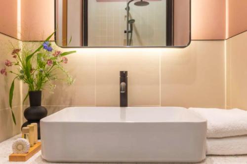 une salle de bain avec un lavabo blanc et un miroir dans l'établissement Magnificent apartment - 2BR-7P - Auteuil, à Paris