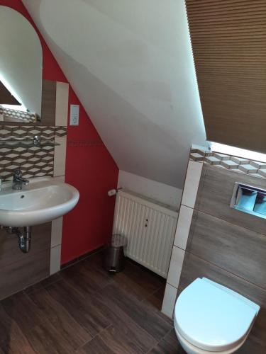 a bathroom with a white toilet and a sink at Pokoje gościnne w centrum in Bogatynia