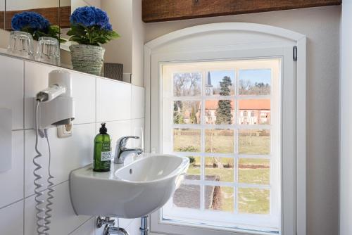 ein Bad mit einem Waschbecken und einem Fenster in der Unterkunft Klostergartenhotel Marienfließ in Stepenitz