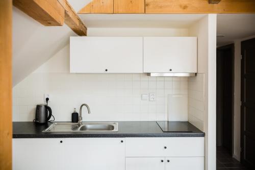 a kitchen with white cabinets and a sink at Turnovská chata in Kořenov