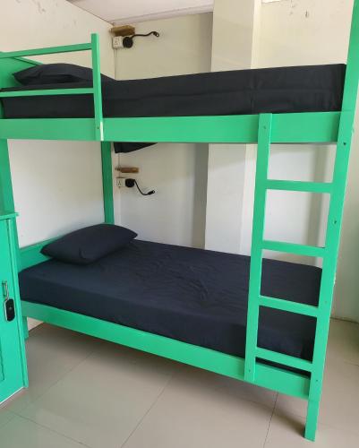 ミリッサにあるChaya Mega Hostelの緑の二段ベッド(はしご付)が備わる客室です。