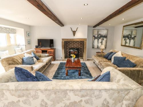 a living room with couches and a fireplace at Kingfisher Cottage in Holmfirth