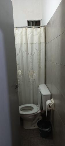 y baño con aseo y cortina de ducha. en Urquiza 575 en Concepción del Uruguay