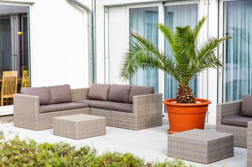 a patio with two couches and a palm tree at Sankt Magdalena in Linz