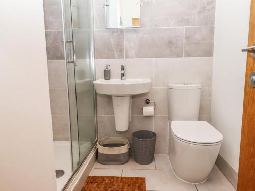 a bathroom with a toilet and a sink and a shower at Primrose Cottage in Market Harborough