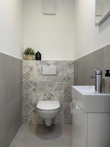 a bathroom with a toilet and a sink at Luxury - Apartment mit Balkon in Seenähe in Gmunden