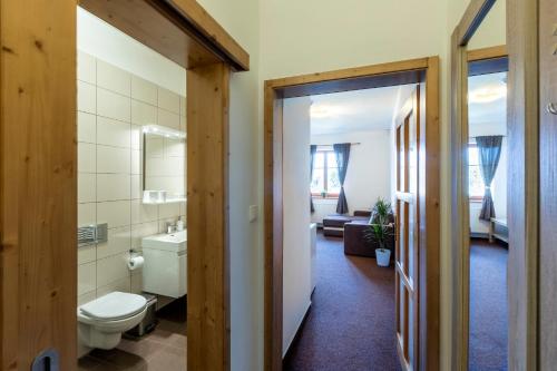 a bathroom with a toilet and a living room at Zámecký Dvůr Černousy in V Poli