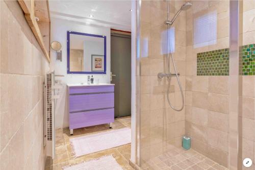 y baño con ducha, lavabo y espejo. en CHAMBRE INDÉPENDANTE avec SALLE DE BAIN INDÉPENDANTE au RDC d un chalet à 25 kms Chamonix en Saint-Gervais-les-Bains