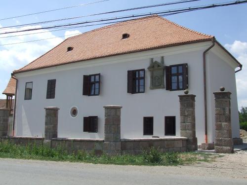 a white house with black windows and a red roof at Castle Hotel Daniel in Baraolt