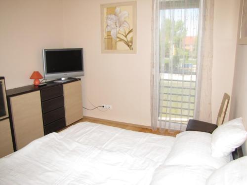 Schlafzimmer mit einem Bett, einem TV und einem Fenster in der Unterkunft Dunalux Apartman in Győr