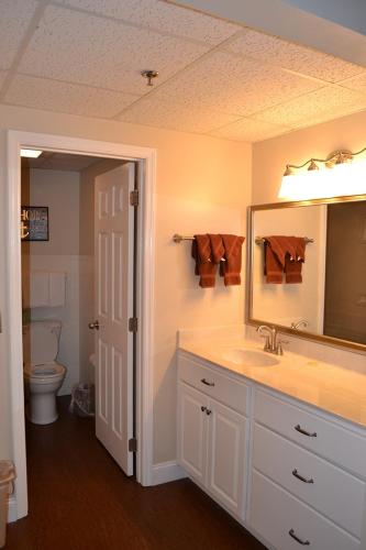 a bathroom with a sink and a mirror and a toilet at River Place Condos #504 2BD in Pigeon Forge