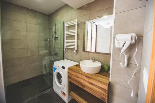 a bathroom with a sink and a washing machine at Perfect studio near Didveli ski area in Bakuriani