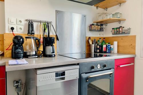 une cuisine avec une cuisinière et un comptoir dans l'établissement #1A - Le Bouquet, à Grenoble