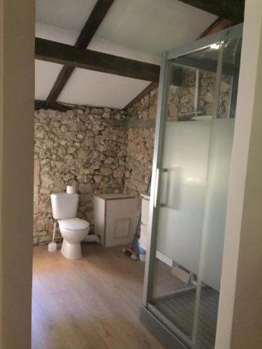 a bathroom with a toilet and a stone wall at La Sabatière in Bergerac
