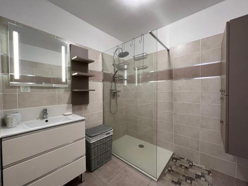 une salle de bain avec une douche, un lavabo et une baignoire dans l'établissement Mare et Monti vue mer proche centre ville, à Propriano