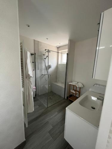 een witte badkamer met een douche en een wastafel bij Gîte avec piscine in Lestrem