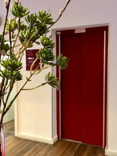 a red door with a plant in front of it at Montana Hotel Köln-Bonn Airport in Troisdorf