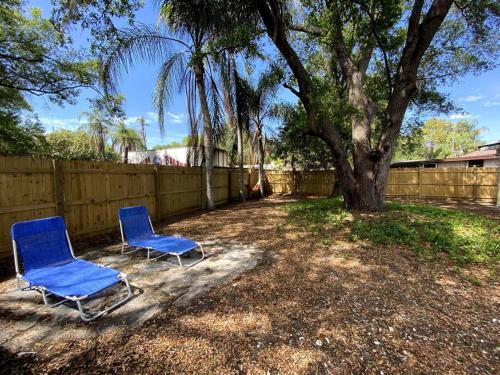 two blue chairs sitting next to a tree at Sarasota Modern, Spacious, Comfy, Queen Beds, Backyard Rental in Sarasota