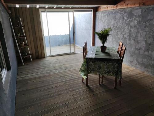 einem Esstisch mit 2 Stühlen und einer Pflanze darauf in der Unterkunft Studio plein pied in Hérin