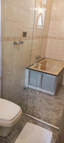 La salle de bains est pourvue d'une douche, de toilettes et d'une baignoire. dans l'établissement Hotel Bandeirante, à Oliveira