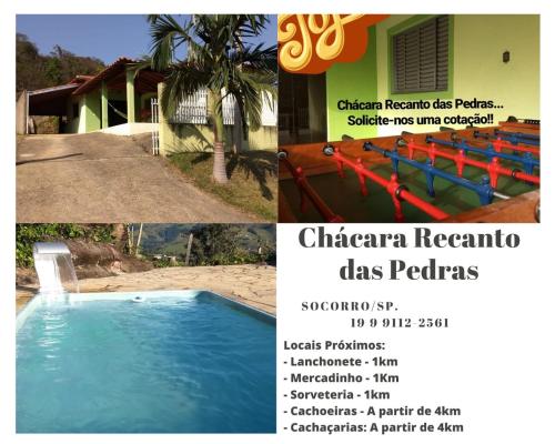 a collage of three pictures of a swimming pool at Chácara Recanto das Pedras - Socorro/SP - WiFi e Pebolim in Socorro