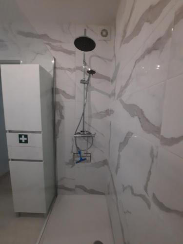 a bathroom with a wall with a wolf design at Casas Da Roseira 2+1 Famalicao Nazare in Nazaré