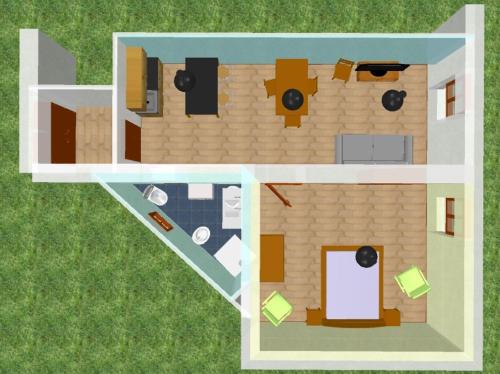 an overhead view of a house with a floor plan at Borgo 63 Medieval House in Montecelio