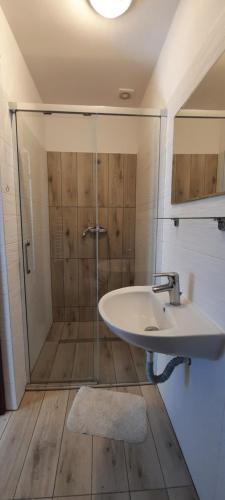 a bathroom with a glass shower and a sink at Willa Bryza Rewa in Rewa