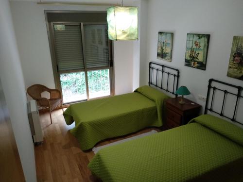a bedroom with two green beds and a window at Apartamento con encanto in Boiro