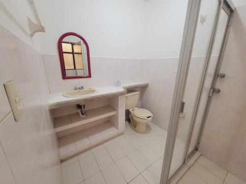 y baño con lavabo, aseo y espejo. en Jardines de Luz, en San Cristóbal de Las Casas