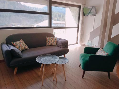 sala de estar con sofá, silla y mesa en Gîte cosy Lac de Payolle en Campan