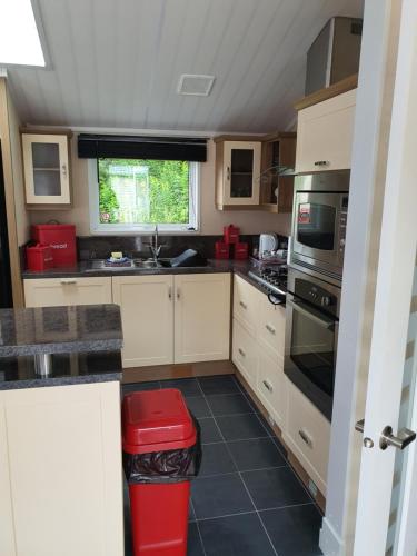 eine kleine Küche mit weißen Schränken und einem Fenster in der Unterkunft Holly Lodge in Ilfracombe