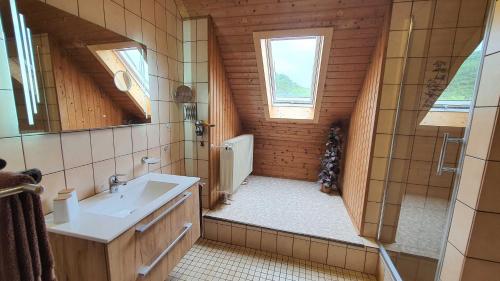 een kleine badkamer met een wastafel en een douche bij Hotel Pension Wolf in Ebermannstadt