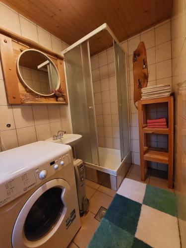 a bathroom with a washing machine and a shower at Počitniška hiška Kašta in Luče