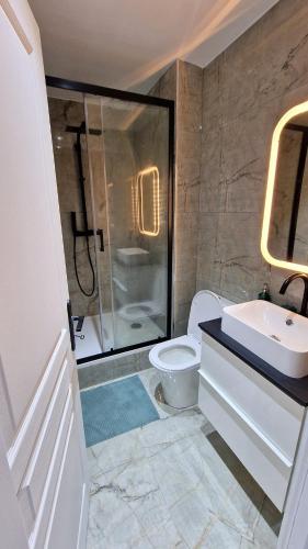 une salle de bain avec toilettes, lavabo et douche dans l'établissement Loft de luxe Tour Eiffel, à Paris
