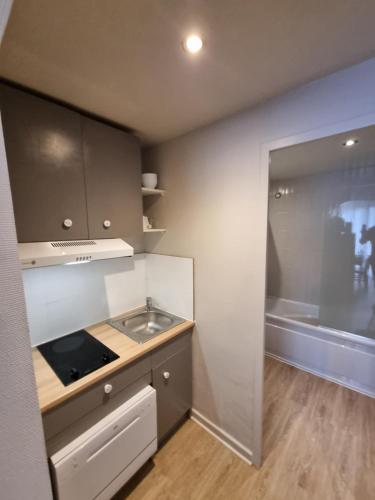 une petite cuisine avec un évier et une cuisinière dans l'établissement Villa du Lez, à Prades-le-Lez