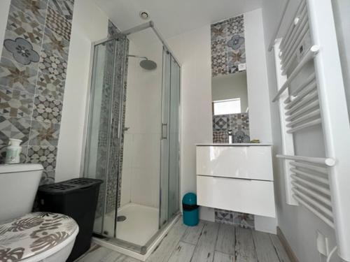 a bathroom with a shower and a toilet and a sink at Studio proche de la plage de l'almanarre in Hyères