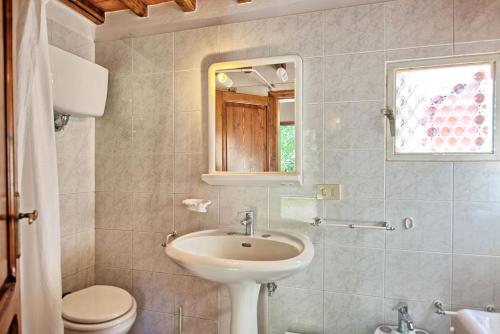 a bathroom with a sink and a toilet and a mirror at Lake Apartment in Villa Massi in Poggio Alla Croce