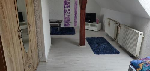 a hallway with blue rugs in a room at Pension Bärbel in Bernburg