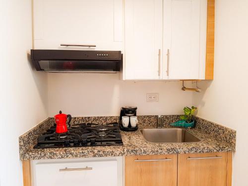 a kitchen with a stove and a sink at Xeliter Green One Playa Dorada in San Felipe de Puerto Plata