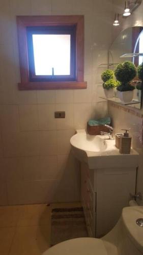 a bathroom with a sink and a toilet and a window at Tranquilidad y descanso en Villarrica - Pucón in Pucón