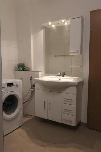 a bathroom with a sink and a washing machine at Landhaus Schlossblick in Sangerhausen