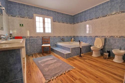 a bathroom with a tub and a toilet and a sink at Casa das Vinhas in Mosteiros